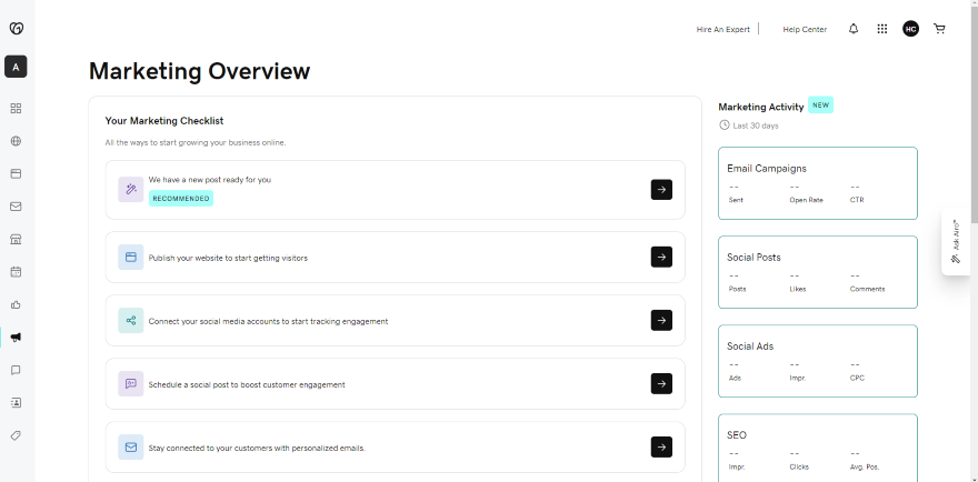 Screenshot of GoDaddy's marketing tool dashboard.