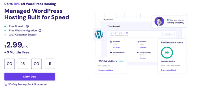 Advertisement for managed WordPress hosting highlighting speed, including a discount offer, service features, countdown timer, and a dashboard with high performance score.