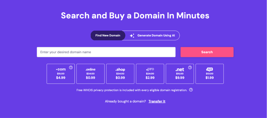 Web page interface for searching and purchasing domain names, with options to find or generate domain suggestions, pricing details, and a transfer link.