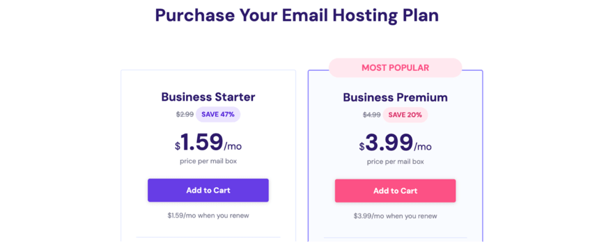 Two email hosting plans displayed, "Business Starter" and "Most Popular Business Premium", with prices, discounts, and 'Add to Cart' buttons highlighted.