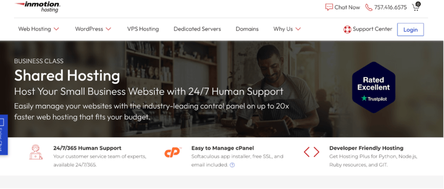 InMotion Hosting banner for Business Class Shared Hosting, highlighting 24/7 human support, cPanel management, and developer-friendly hosting with a 'Rated Excellent' badge.