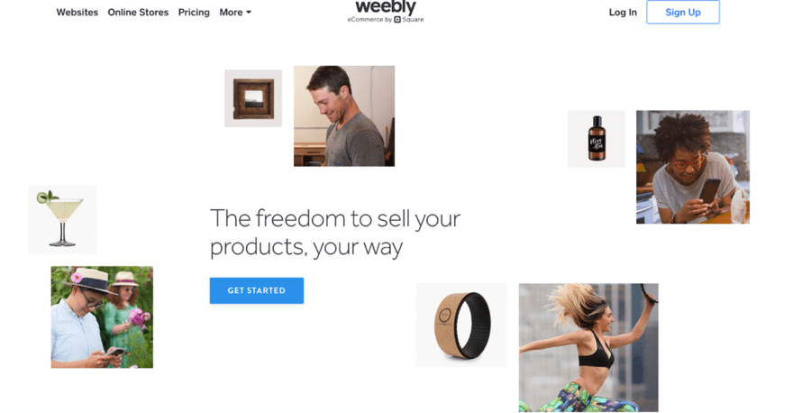 A webpage banner from Weebly promoting "The freedom to sell your products, your way" with a "Get Started" button, accompanied by images of diverse products and people.