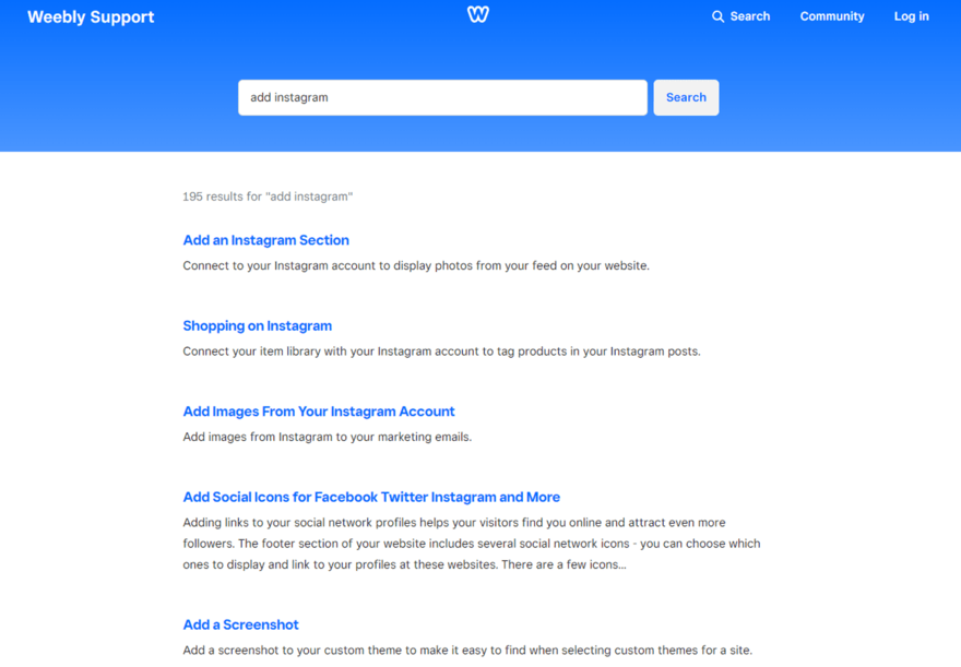 Weebly Support search results page showing various help topics related to adding Instagram features to a user's website, like sections and shopping integration.
