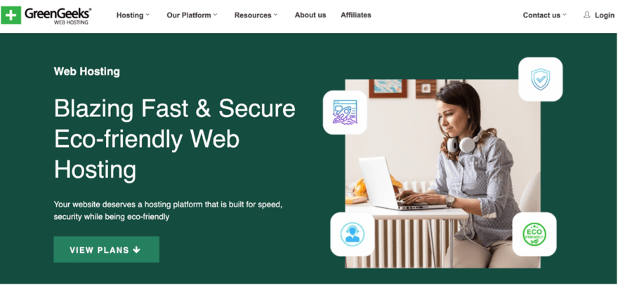 GreenGeeks web hosting banner with the slogan "Blazing Fast & Secure Eco-friendly Web Hosting," featuring a woman working on a laptop and icons for security and eco-friendliness.