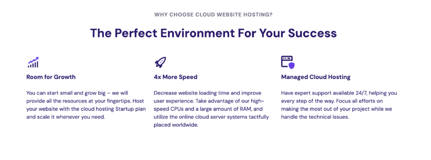 Promotional web hosting graphic highlighting benefits such as growth potential, increased speed, and managed cloud services with a focus on success.