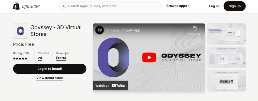 Shopify Odyssey app information showing price, video demo, and star rating