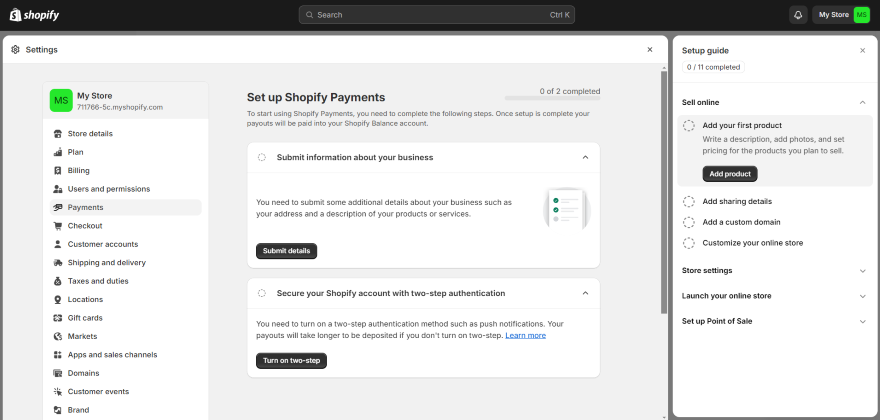 Screenshot of setting up Shopify Payments from the dashboard.