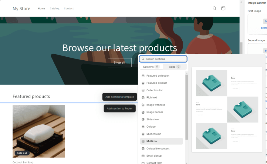 Shopify editor showing section designs