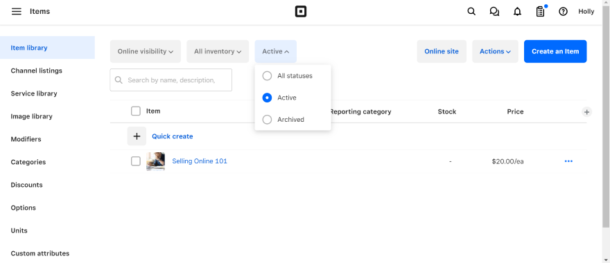 Screenshot of a product in Square's Item Library