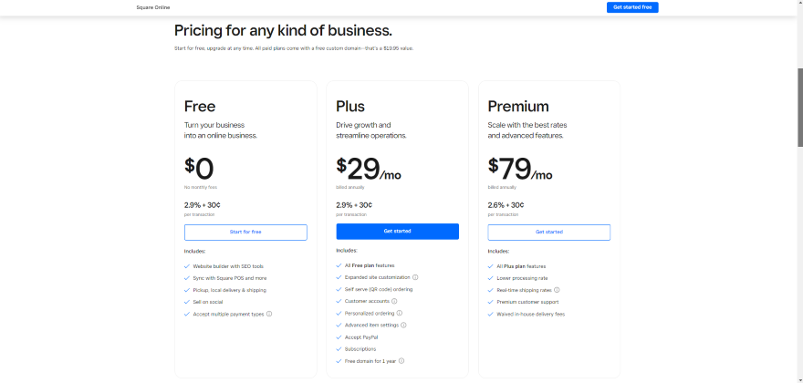 Screenshot of Square Online's pricing