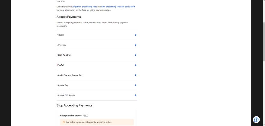 Screenshot of Square Online's payment methods.