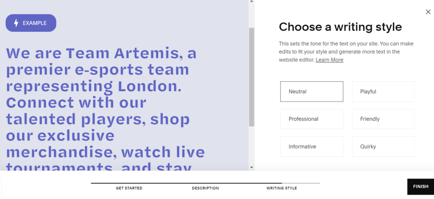 Squarespace AI asking the user to choose a writing style to set up a website