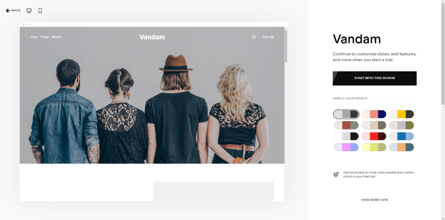 Screenshot of Squarespace's band template, Vandem.