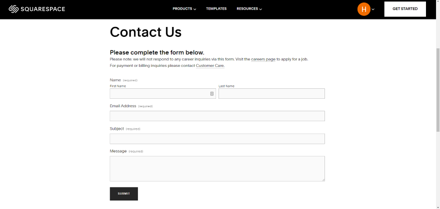 Screenshot of Squarespace's contact us form.