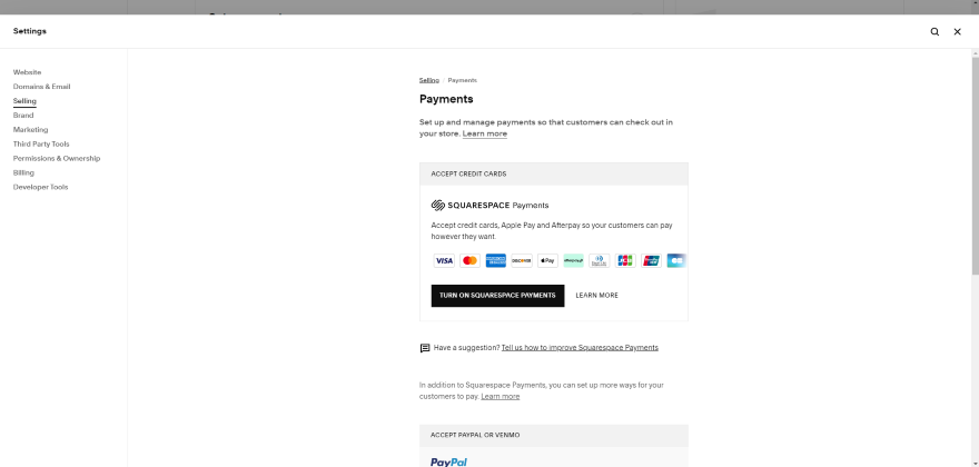 Screenshot of Squarespace's payment options