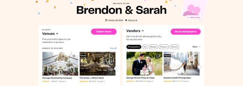 a wedding page for brendon and sarah on the knot