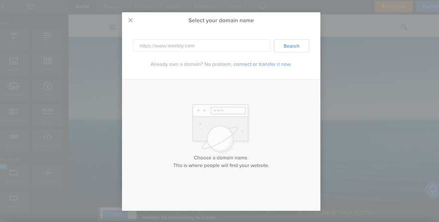 Weebly editor with gray popup inviting you to connect your domain name.