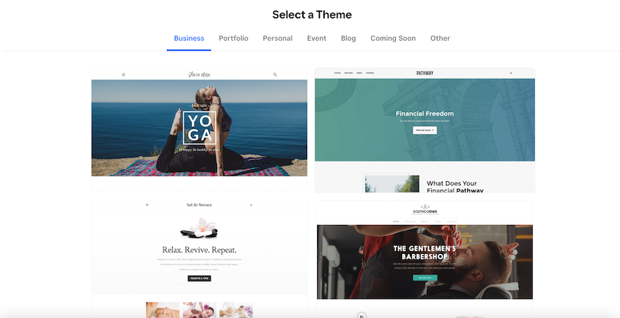 Weebly’s Theme page showing four example themes.