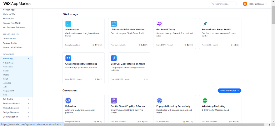 Screenshot of Wix's app market and its marketing apps.