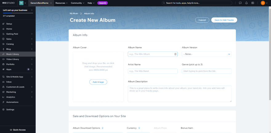 Screenshot showcasing how you create a new album on Wix Music.