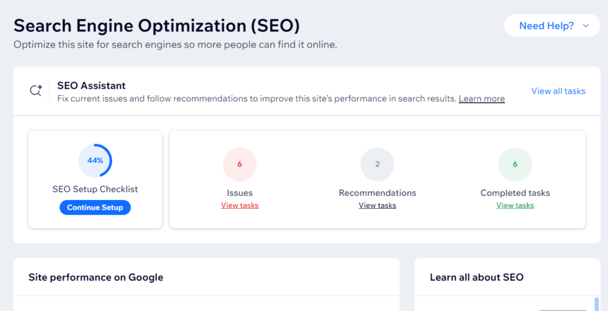 Wix SEO dashboard