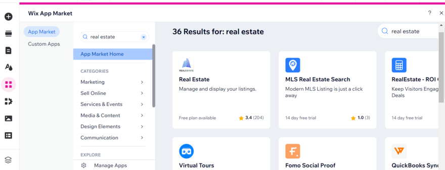 Wix in-editor app results for real estate integrations, showing 6 of 36 results