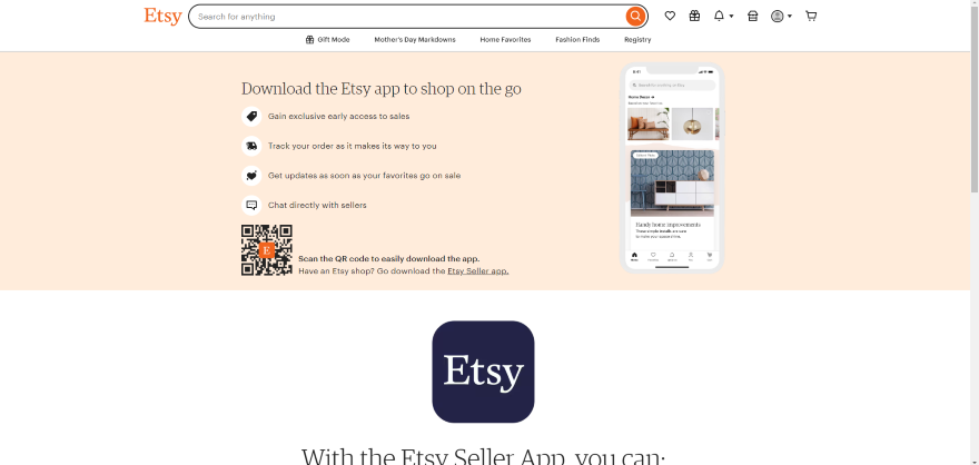 Screenshot of Etsy's webpage advertising the Etsy Seller App and download.