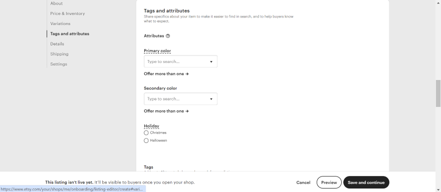Screenshot of a variants section during Etsy's setup process.