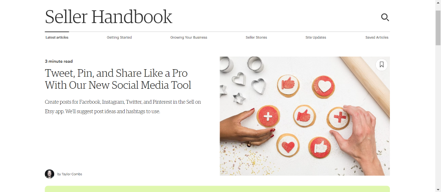 Screenshot of a blog post from the Seller Handbook explaining Etsy's social media tool.