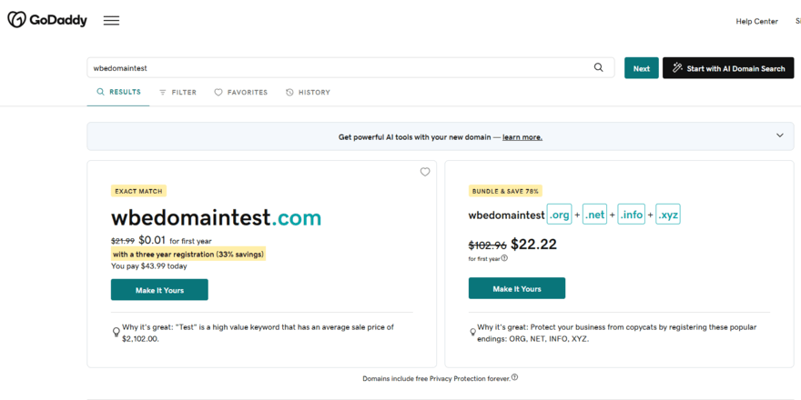 GoDaddy domain name check for "wbedomaintest", showing available domains and pricing