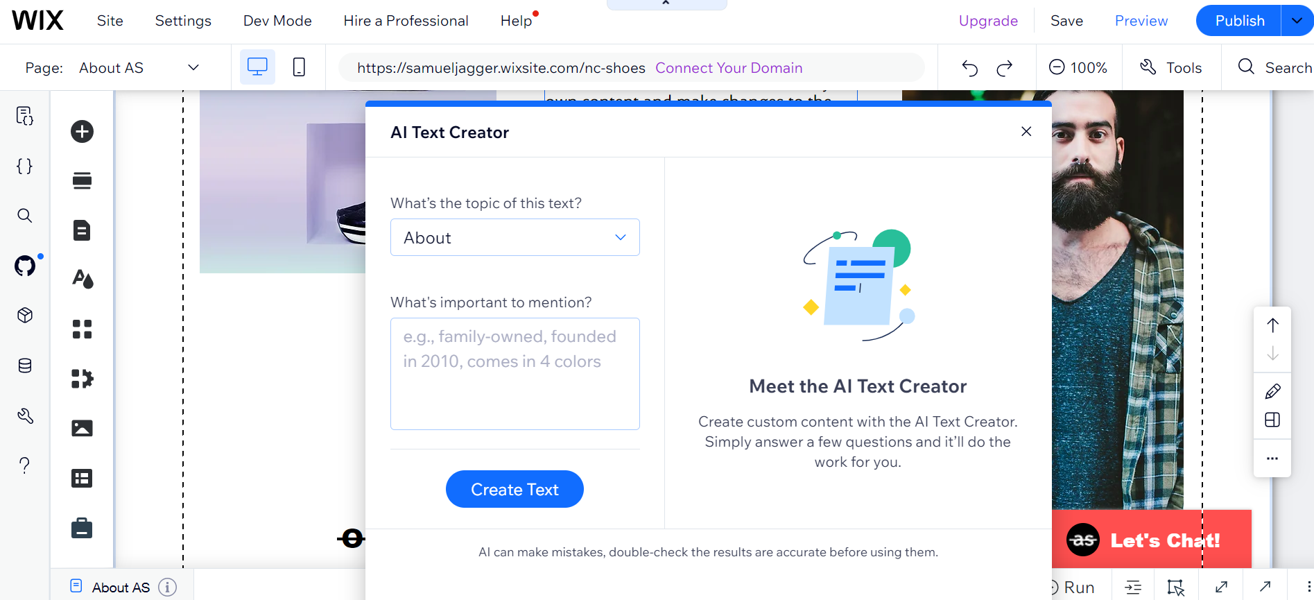 Wix AI Text Creator for an About Us page