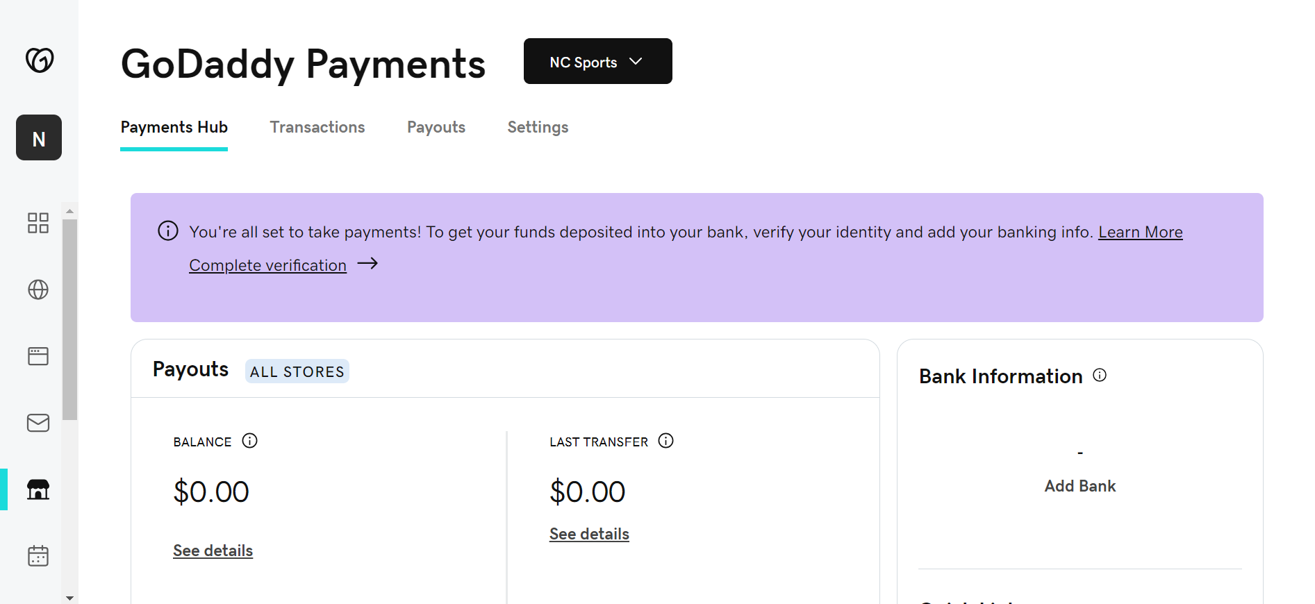 GoDaddy paymetnt hub as seen in the GoDaddy dashboard