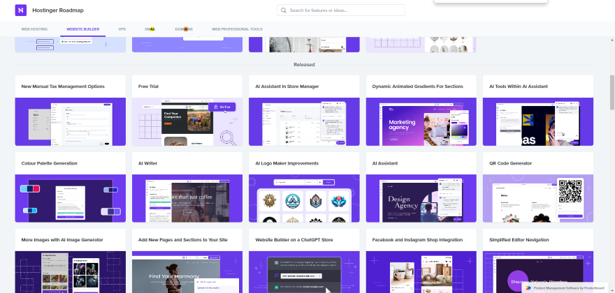 Screenshot of Hostinger's roadmap with its key website features.