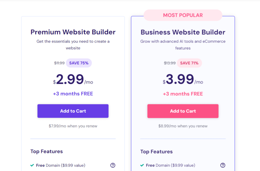 Hostinger's two website builder plans and pricing