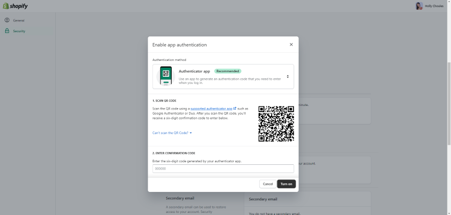 Screenshot of Shopify's authentication section from the user dashboard.