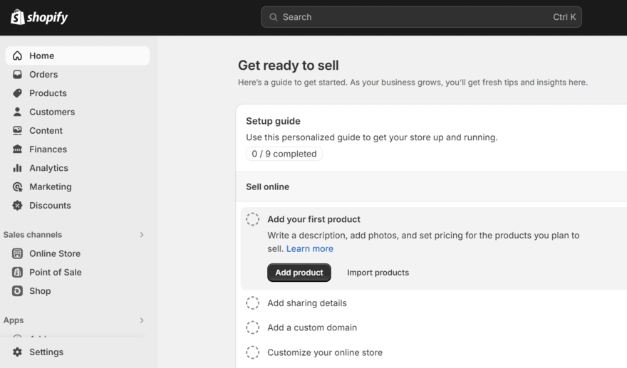 Screenshot of the Shopify dashboard showing the "Get ready to sell" setup guide with steps to add products and customize online store.