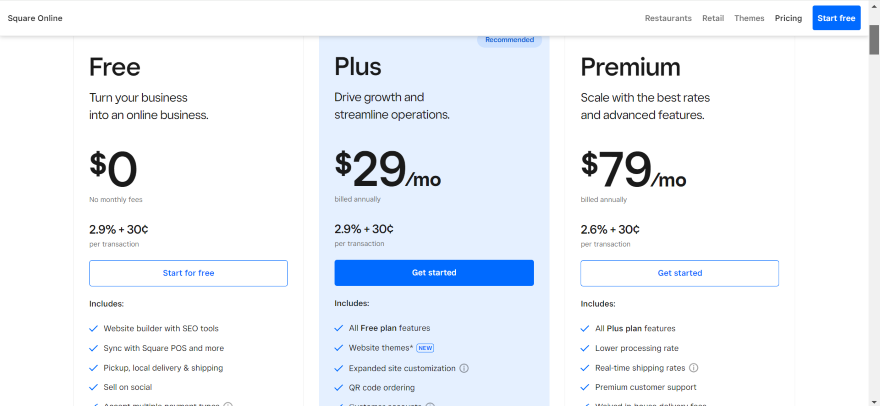 Screenshot of Square Online's pricing page and its three plans.