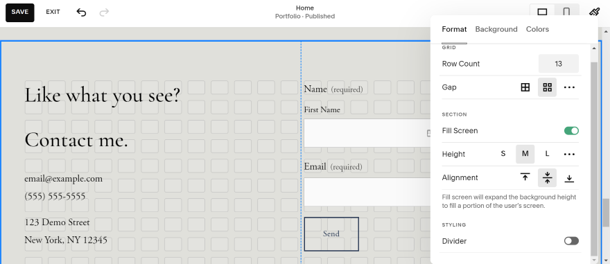 Screenshot of a contact form section via Squarespace's editor.