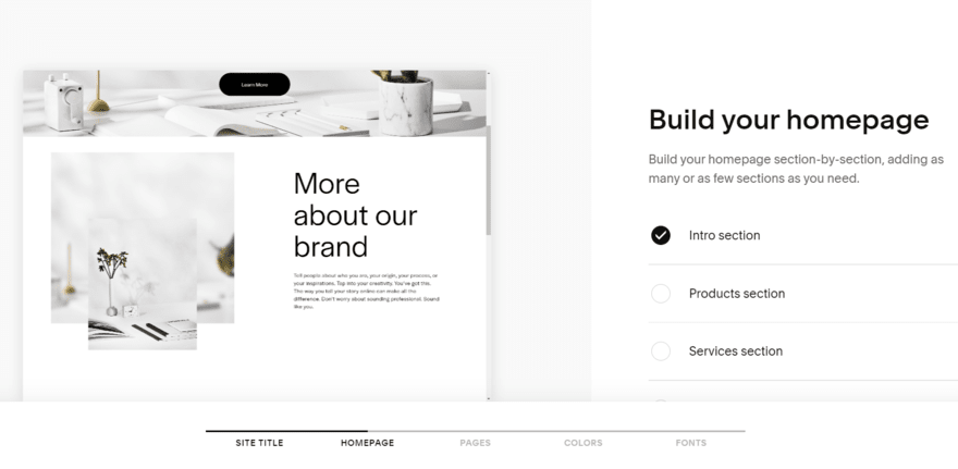 Squarespace Blueprint AI asking the user to select elements for the website homepage