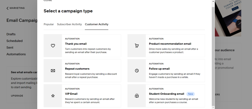 Screenshot of the campaign types listed on Squarespace's email campaign tool.