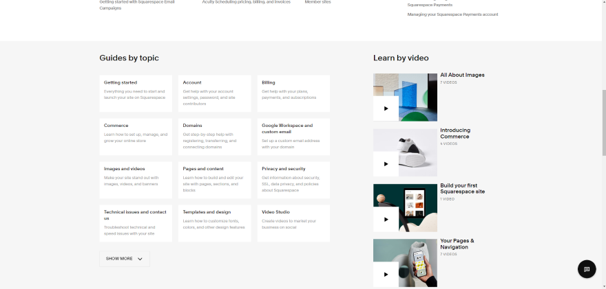 Screenshot of Squarespace's Help Center filled with resources on your website.