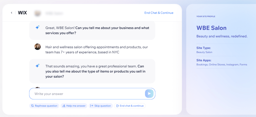 Wix AI chatbot mid-conversation for generating a hair salon website