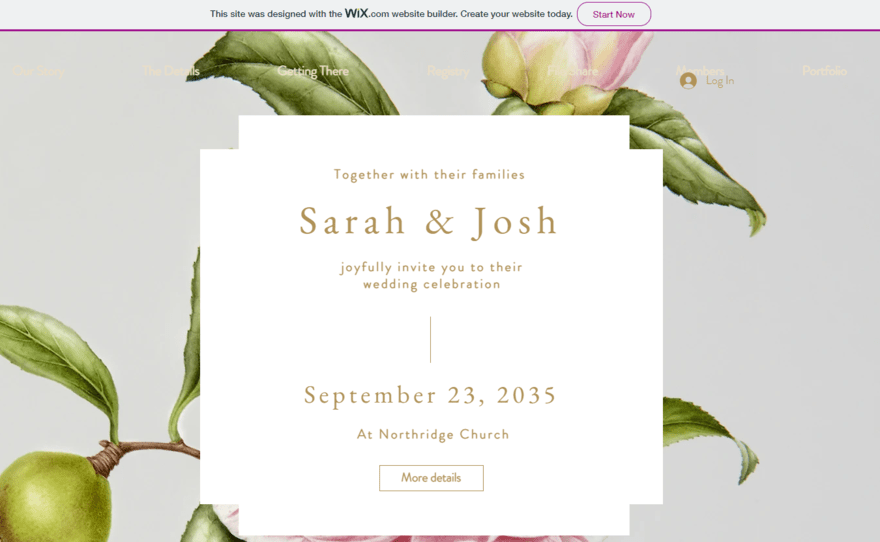 Free Wix website for a wedding, showing a free banner ad at the top of the homepage