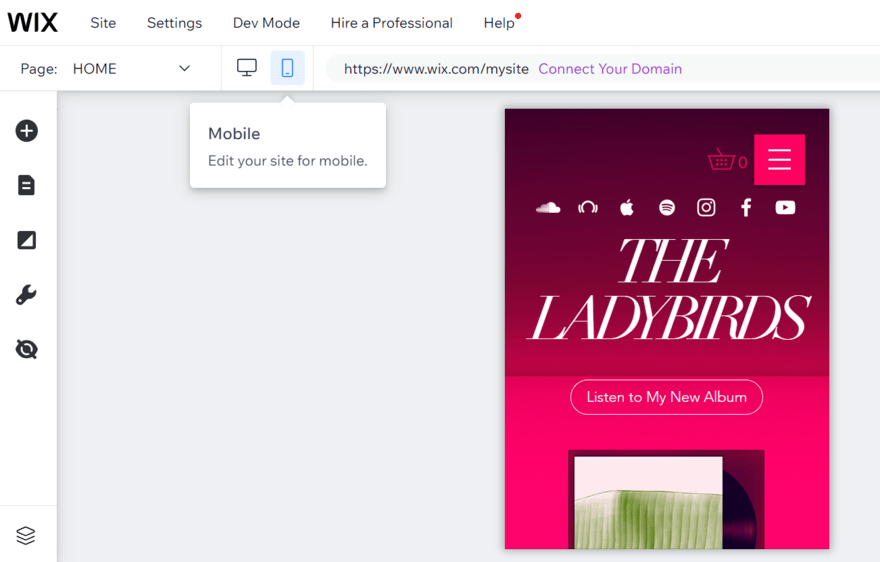 Wix mobile preview mode in the editor