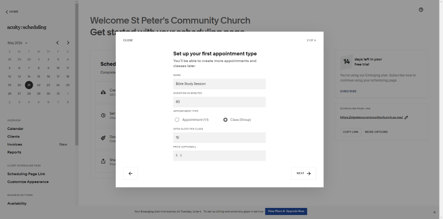 Screenshot of St. Peter's Community Church's appointment scheduling webpage showcasing the first step in setting up a Bible Study Session.