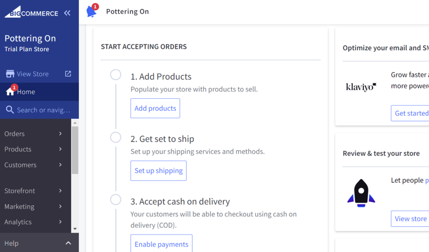 Account dashboard for BigCommerce showing a checklist of steps to accept orders