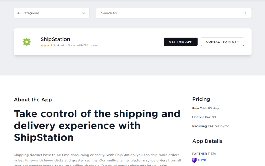 BigCommerce app store showing information and pricing for the app ShipStation