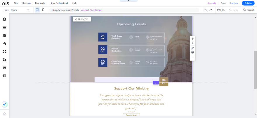 Screenshot of a church's upcoming events calendar on a website, including youth group gatherings, baptism celebration, and community outreach events.