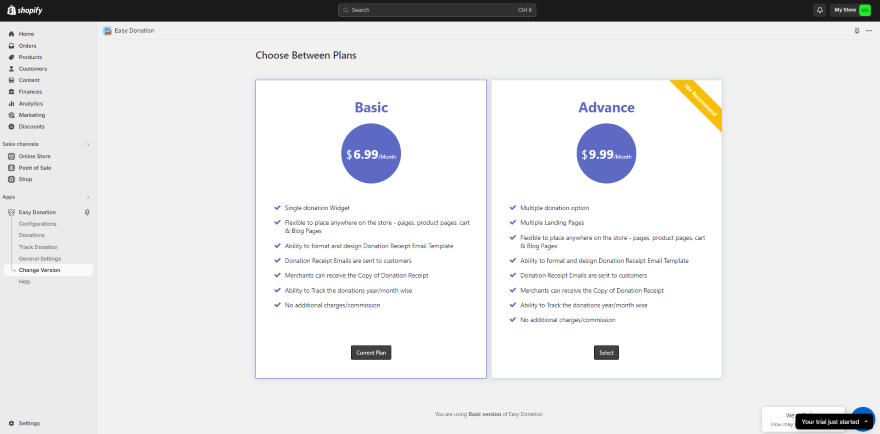 Screenshot of Easy Donate's plans showing a Basic plan for $6.99/month and an Advance plan for $9.99/month on a pricing page.