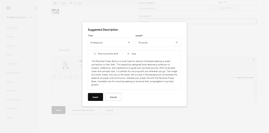 Screenshot showing a website dashboard interface with a suggested description dialog box open, illustrating a professional content management system.